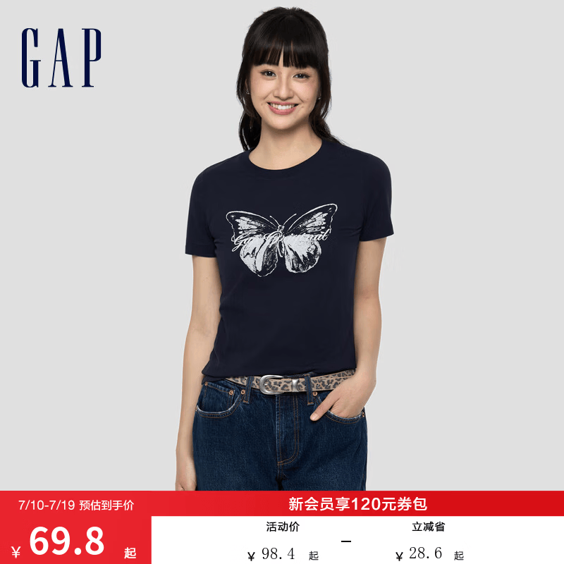 盖璞Gap女装2026春季新款纯棉字母蝴蝶logo圆领短袖T恤休闲上衣858906 海军蓝 L (170/92A) 亚洲尺码 版型偏大建议拍小一码