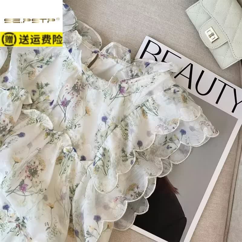 夏典素订女王(SE.PSTP)蝴蝶印花飞飞袖雪纺衬衫女夏法式木耳立领小衫荷叶边宽松无袖上衣 粉色蝴蝶 L