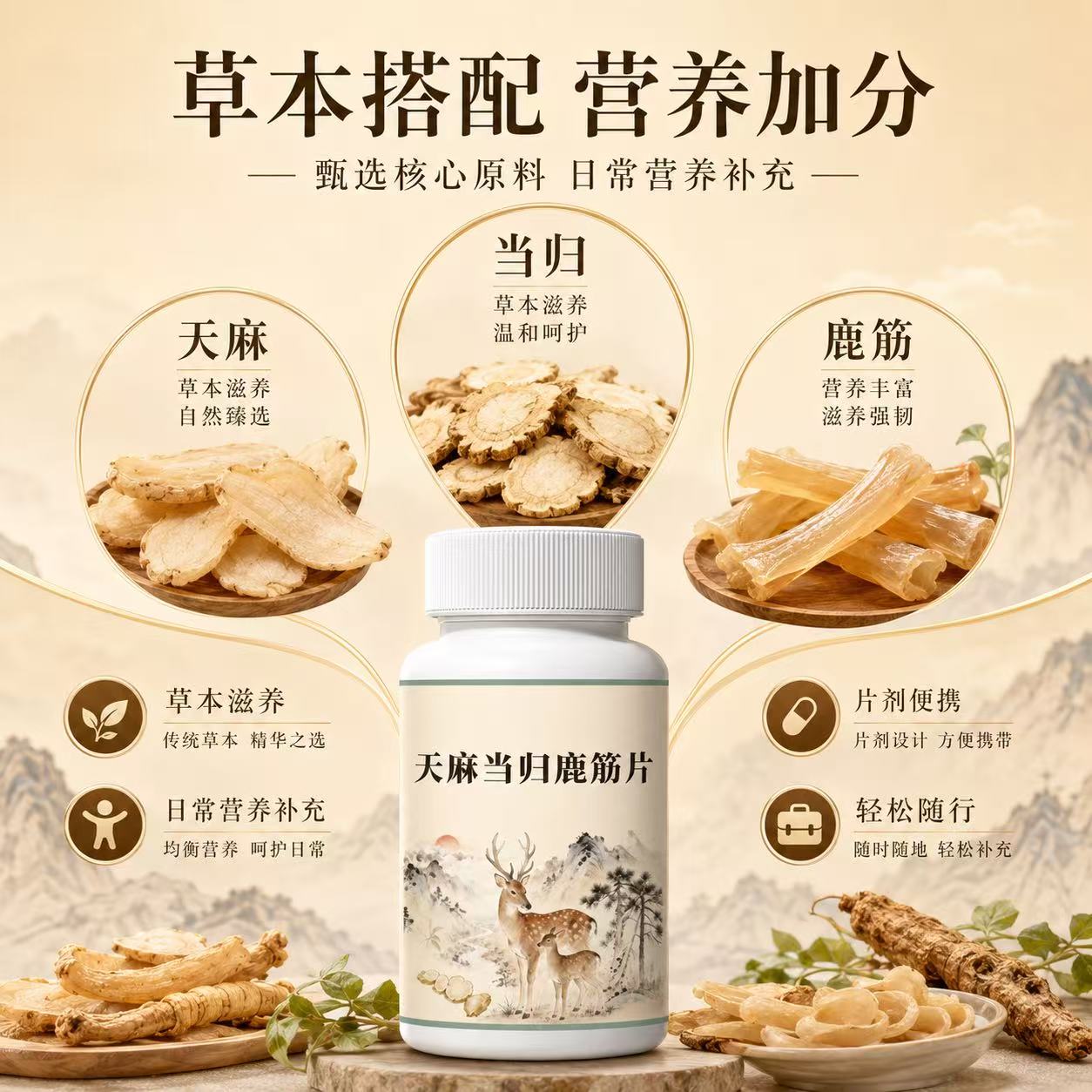 胖东来同款天麻当归鹿筋片正品中老年关节不适护软骨关节手脚麻木 巩固款【拍3发5】 60粒*5罐