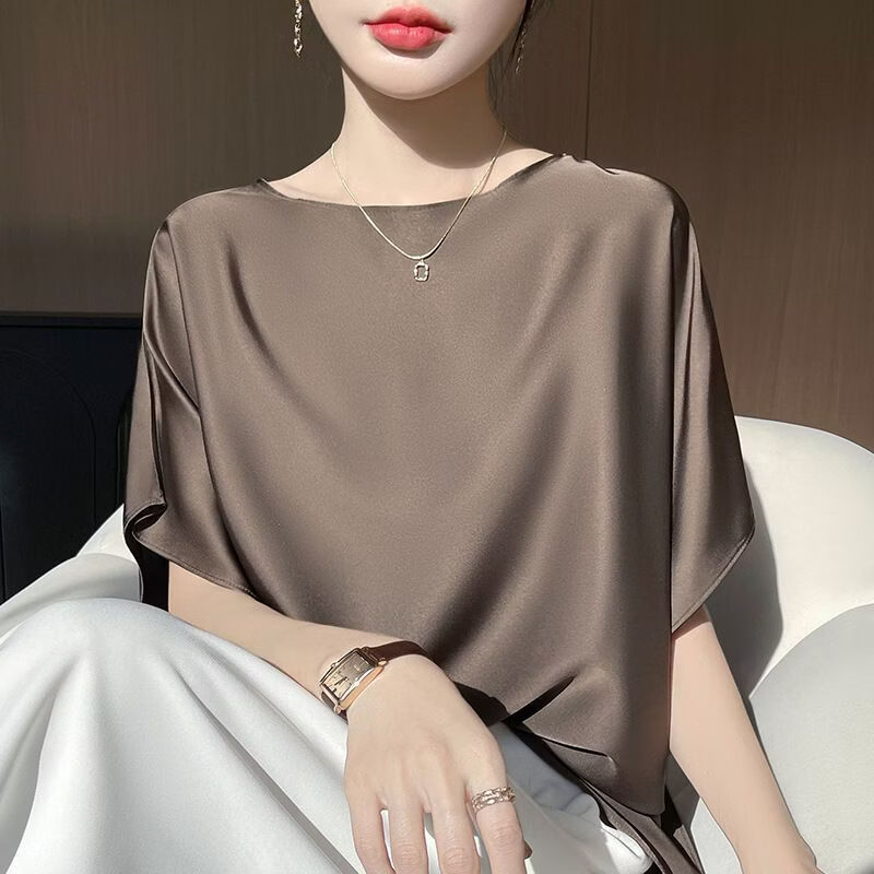 【爆款热卖】2026新款醋酸圆领短袖衬衫女宽松遮肉显瘦气质上衣 摩卡色 2XL 建议体重【145-160斤】