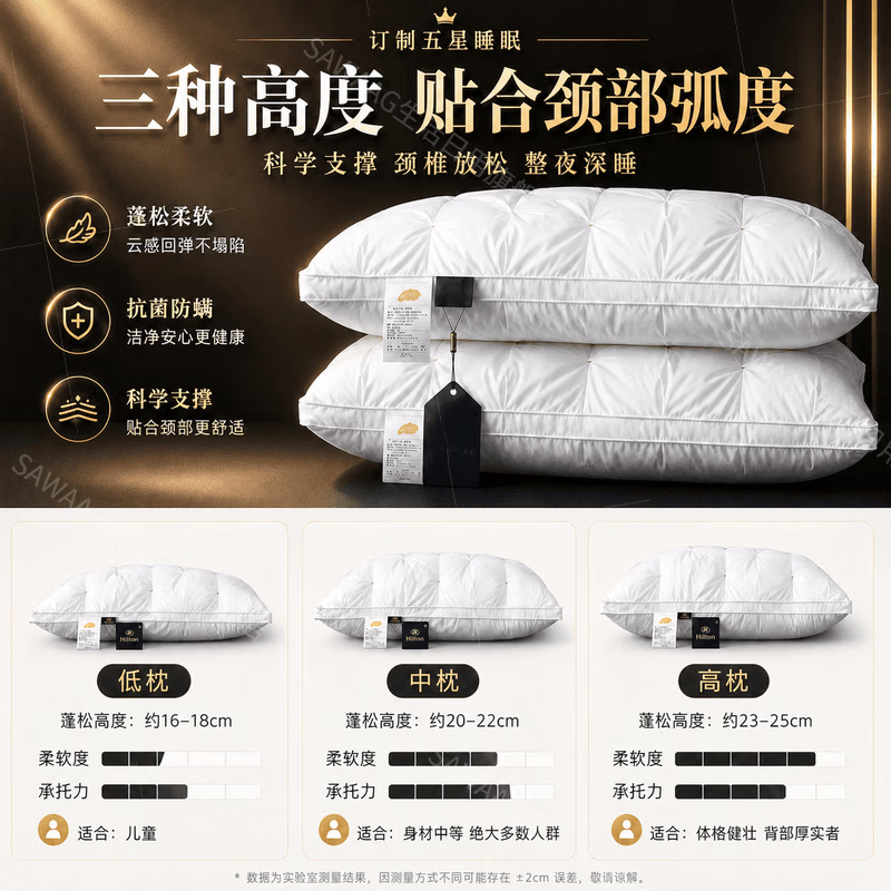 SAWAAG【德国】希尔顿酒店同款五星级枕头护颈枕睡眠颈椎病深度睡眠专用 绅士灰【48*74cm高枕】 整晚舒睡 星级标准 一对
