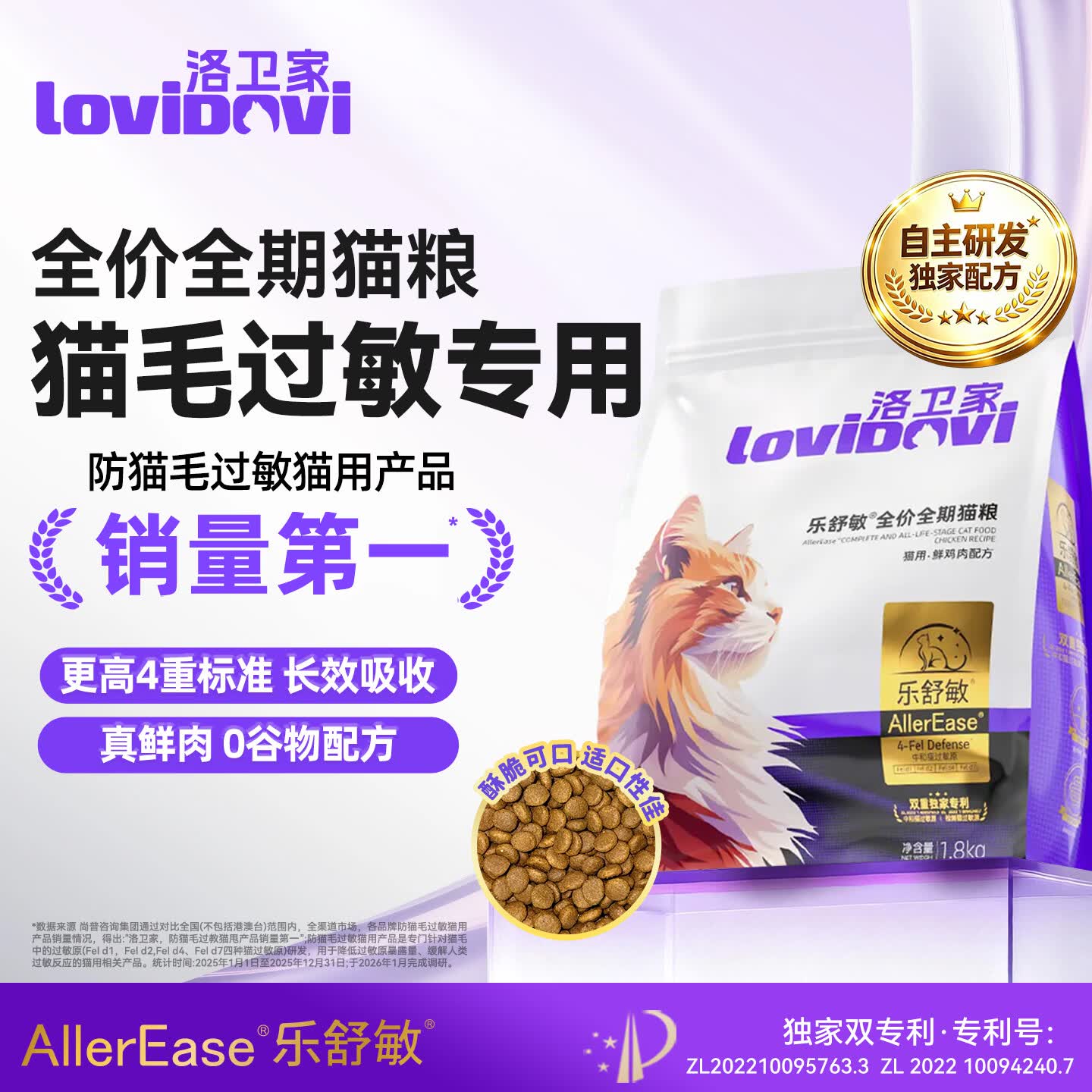 LOVIDOVI洛卫家抗过敏猫粮 防猫毛过敏鲜肉无谷高蛋白 幼猫成猫低敏猫粮1.8kg