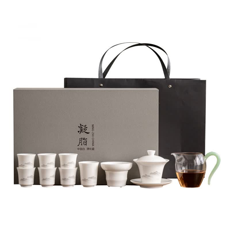 德化白瓷羊脂玉瓷茶具套装礼盒功夫茶具商务伴手礼企业礼品高端款 羊脂玉瓷茶具套装-纯白款 默认项