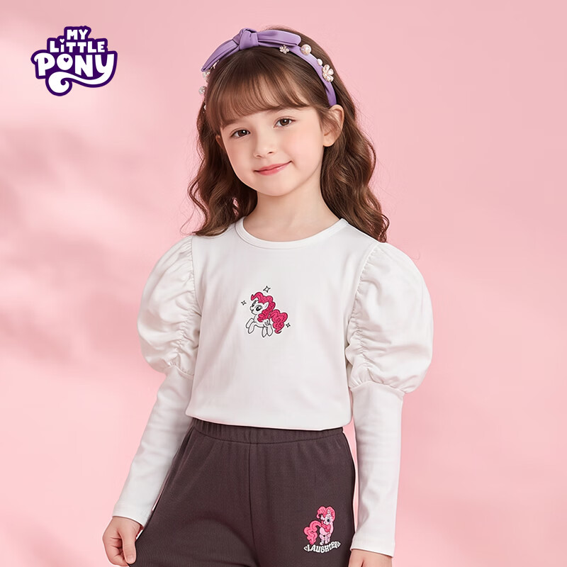 小马宝莉(MY LITTLE PONY)春秋卡通碧琪泡泡袖长袖T恤中大童女童打底上衣 粉色 120 120/60