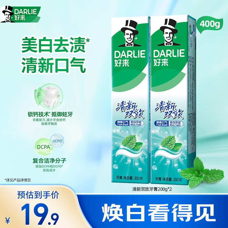 好来（DARLIE）原黑人清新双效牙膏去黄去牙渍固齿深层洁净清新口气2支共400g