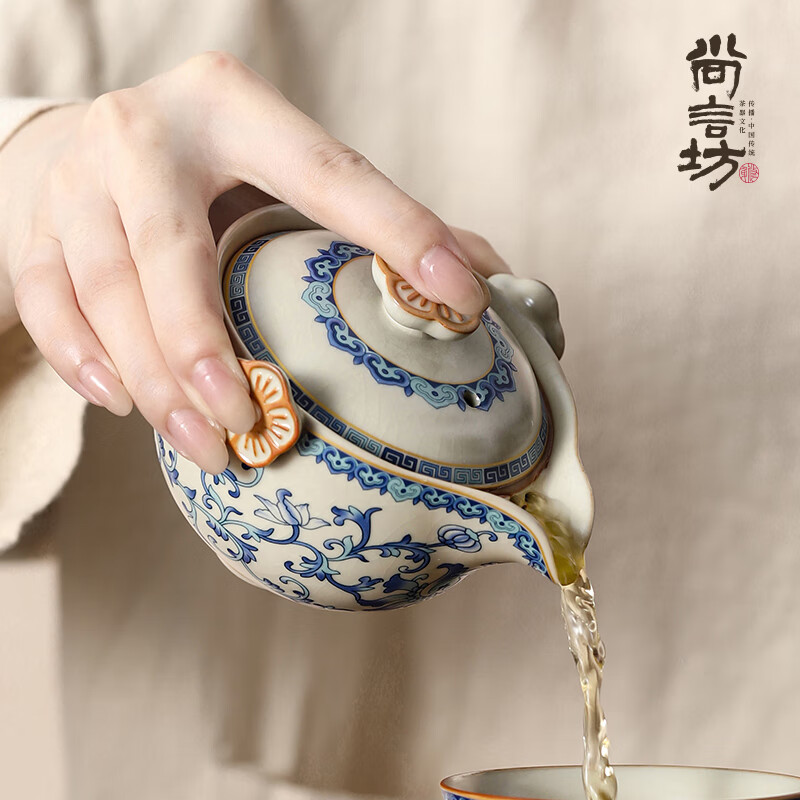 尚言坊汝窑青花手抓壶功夫茶具套装手抓壶便携式旅行茶具一壶二杯茶托盘 1缠枝莲-汝窑梅花手抓壶 36.72元(含国补)