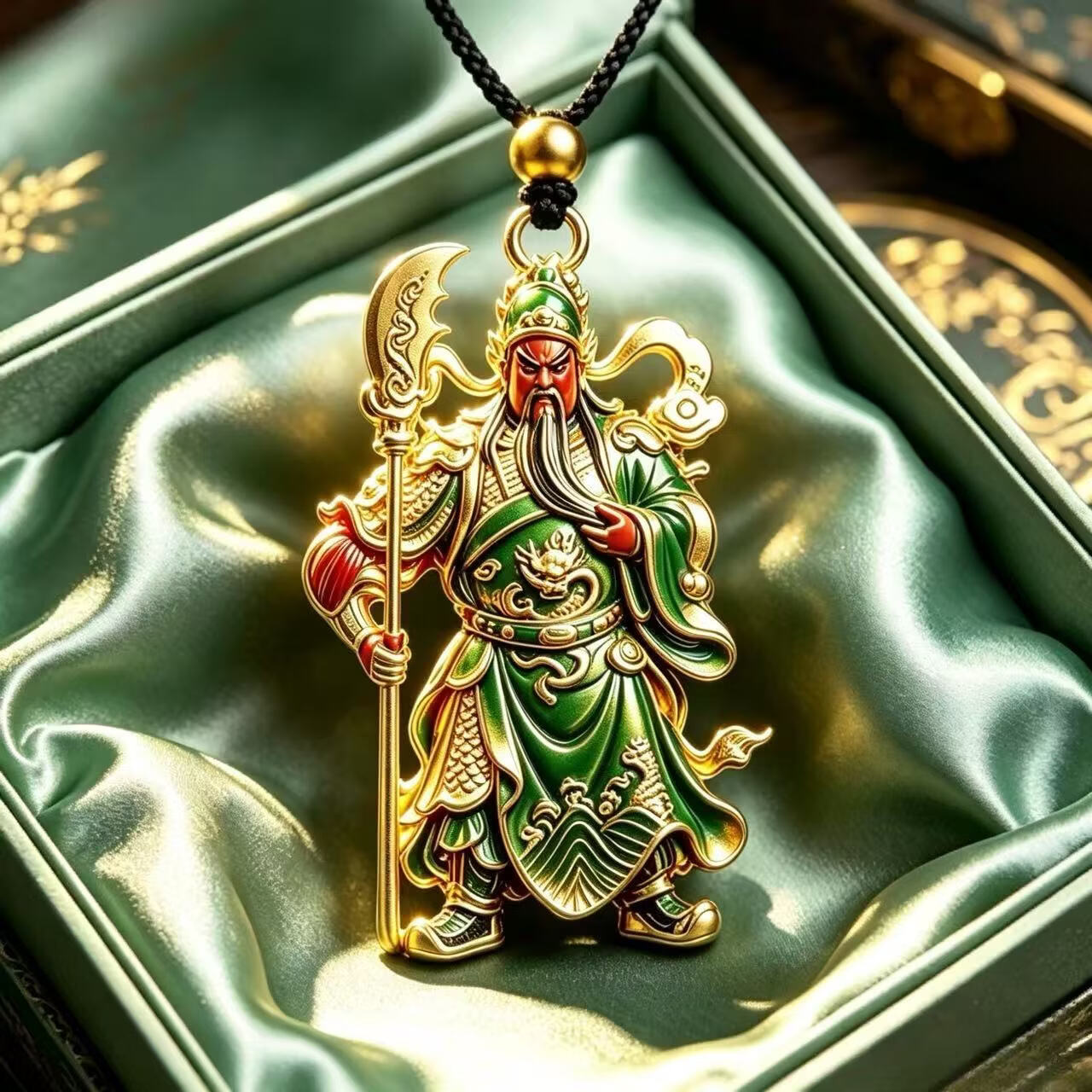 新中式绿金关公吊坠复古珐琅武圣挂坠男士编织绳项链送礼配饰WY 关二爷吊坠