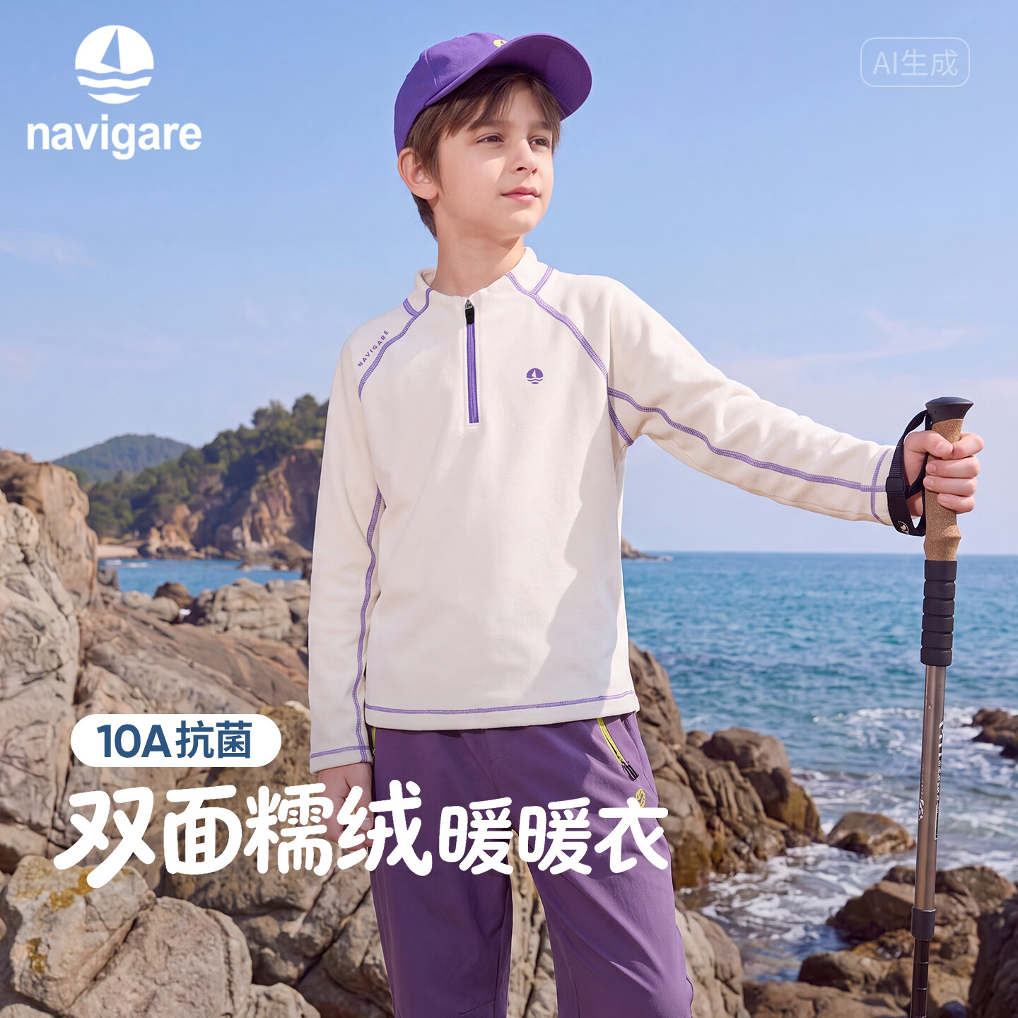 NAVIGARE【糯绒暖暖衣】意大利小帆船儿童长袖T恤男女童运动上衣秋季新款 米白 170