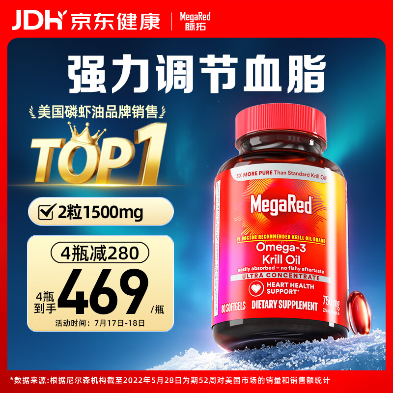 MegaRed脉拓南极磷虾油软胶囊80粒，拍4件仅需1876元，单瓶低至469元