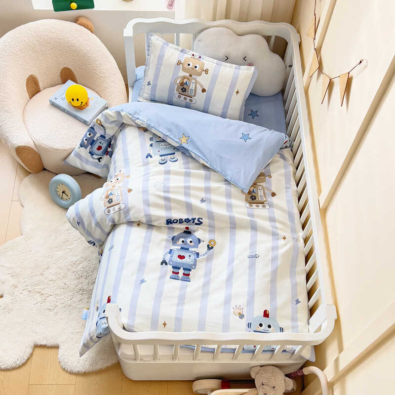 无印良品纯棉幼儿园三件套卡通风宝宝入园专用新疆全棉床单被套午睡三件套 蓝星绮梦 【纯棉面料 柔软亲肤】 幼儿园 床单款 -外套三件套 被套120x150cm