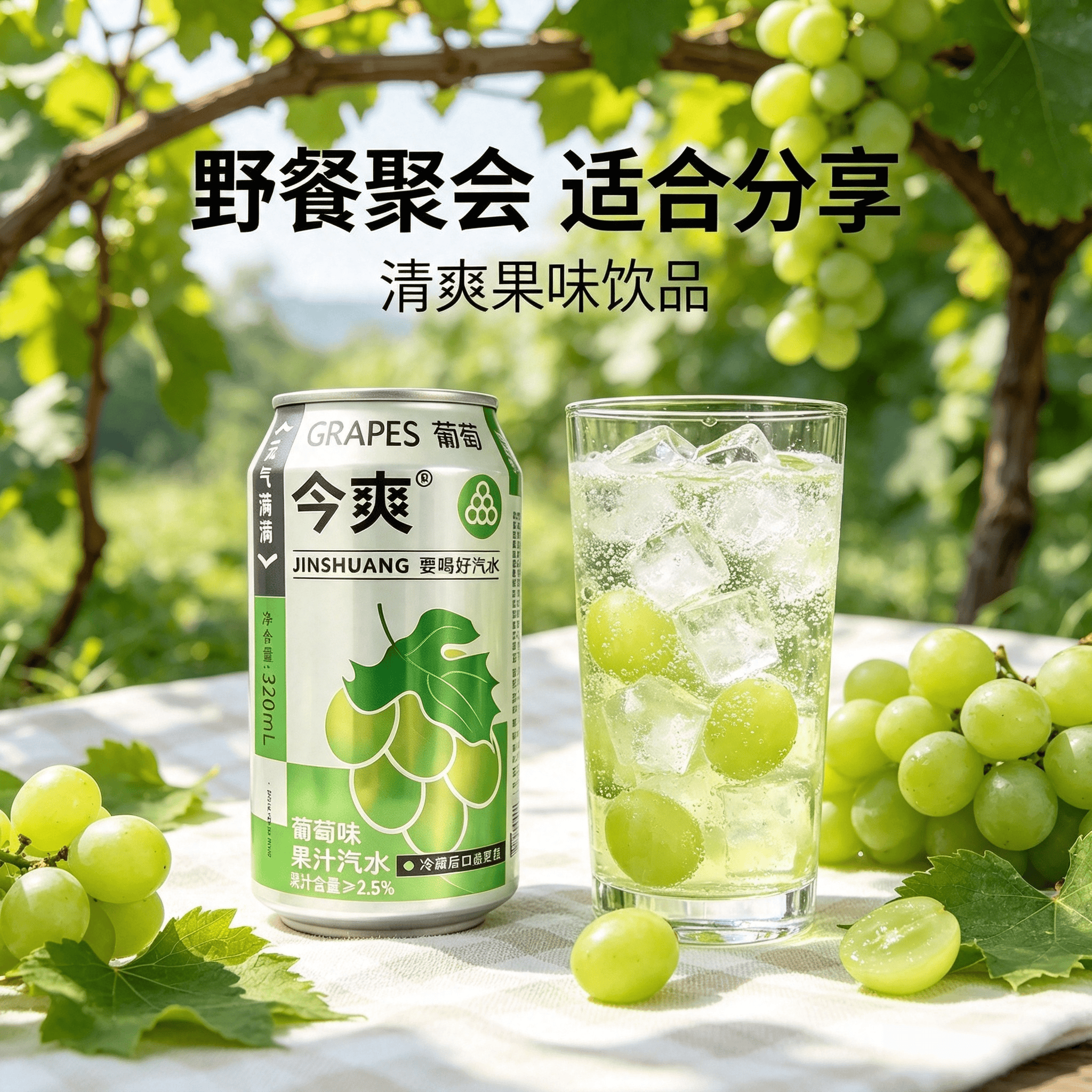 今爽葡萄汽水饮料气泡满满碳酸饮料320ml罐装气泡水果汁汽水厂家直发 24罐