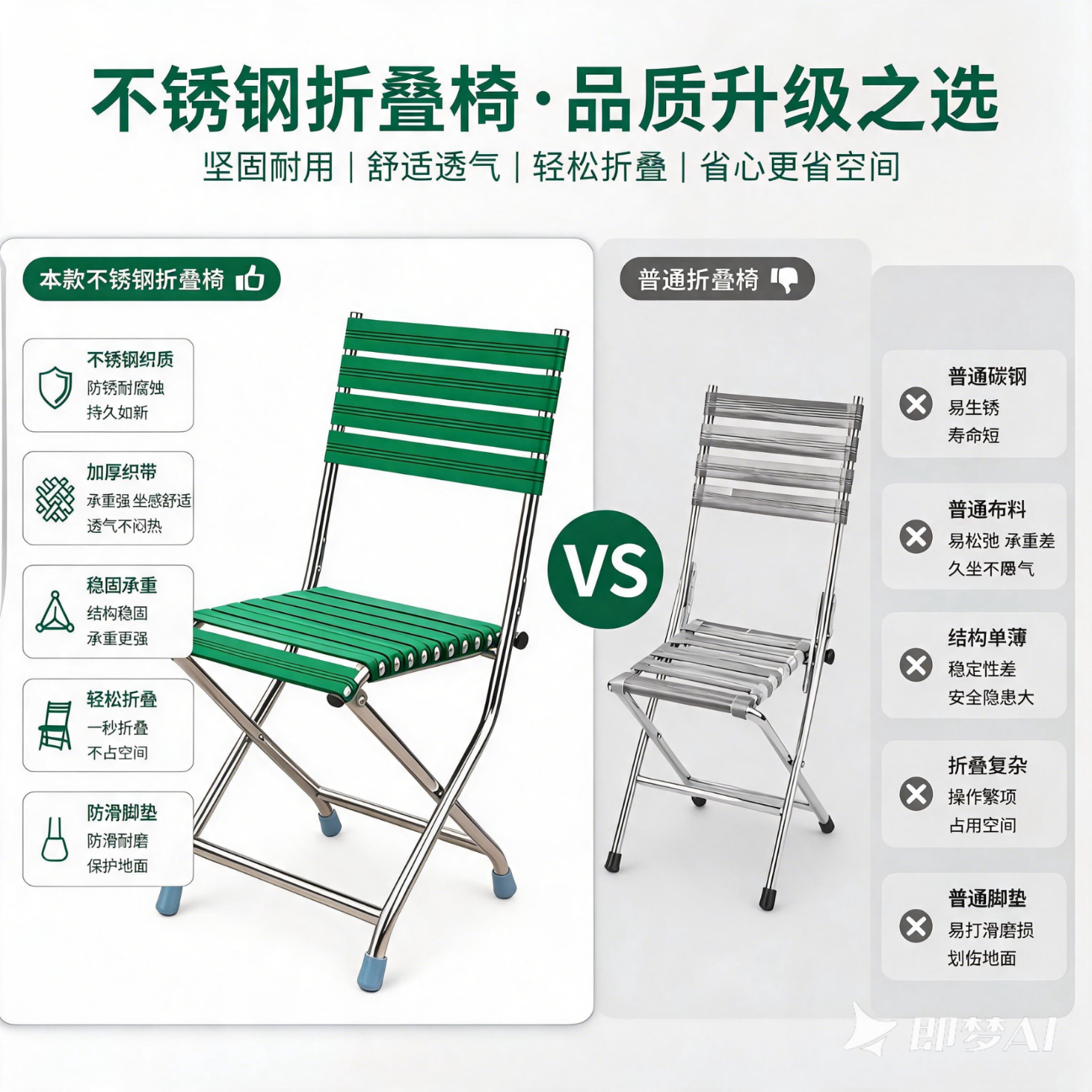 不锈钢折叠椅户外便携钓鱼凳子靠背椅折叠凳折叠椅听戏马扎防滑椅 绿色 大号款椅子*2把+户外折叠小方桌