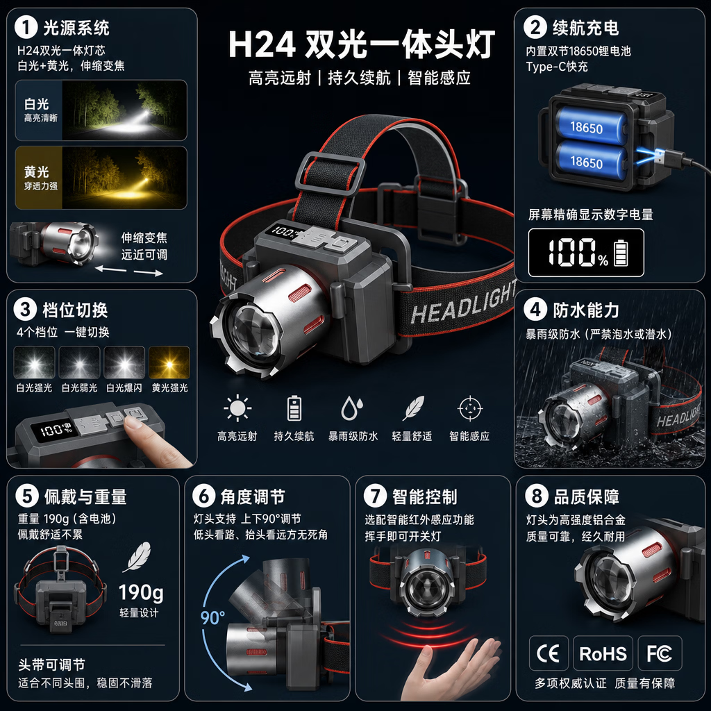 LZJV高品质头灯充电超亮户外夜钓专用防水变焦应急矿灯长续航骑行照明 【德国品质】白/黄双激光无感应 续航俩通宵丨伸缩变焦【内置双锂电池】