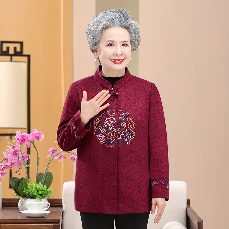 俞兆林中老年春秋裝媽媽裝毛呢外套奶奶裝立領(lǐng)老人衣服喜慶奶奶上衣婚禮 紅色 XL