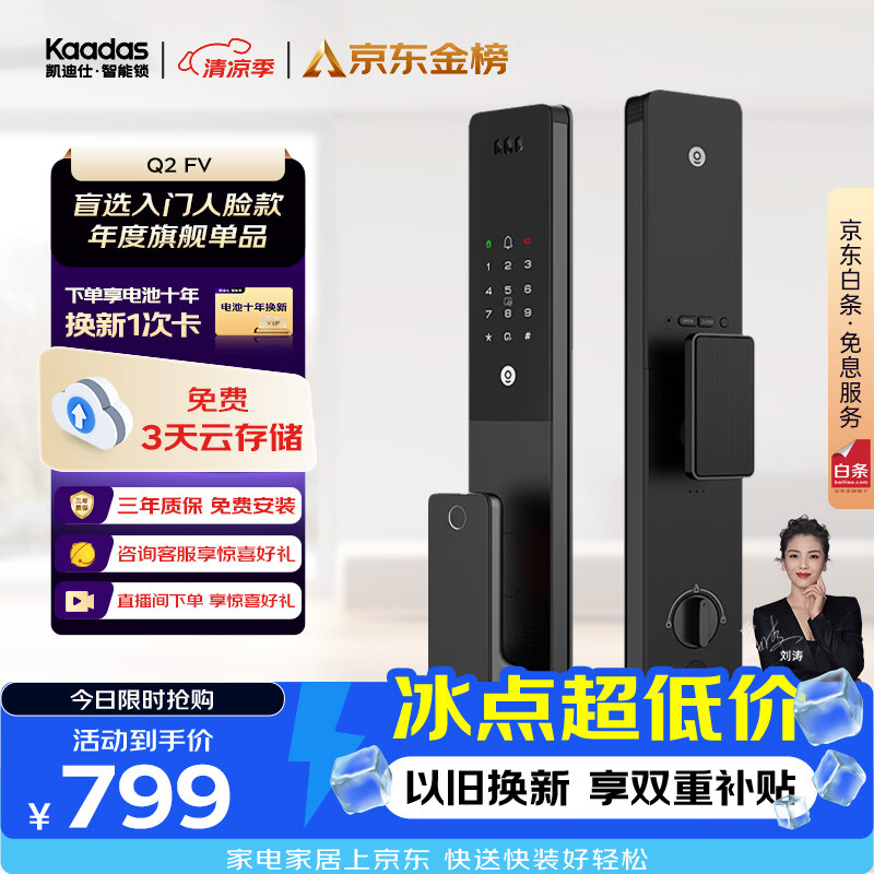 凯迪仕（KAADAS）智能门锁 人脸识别猫眼监控摄像指纹锁密码智能锁 Q2 FV