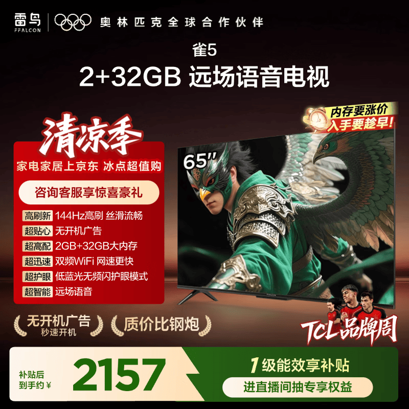 TCL雷鸟【固定挂架送装一体】雀5  25款65英寸144Hz高刷 智能平板电视机65F295C