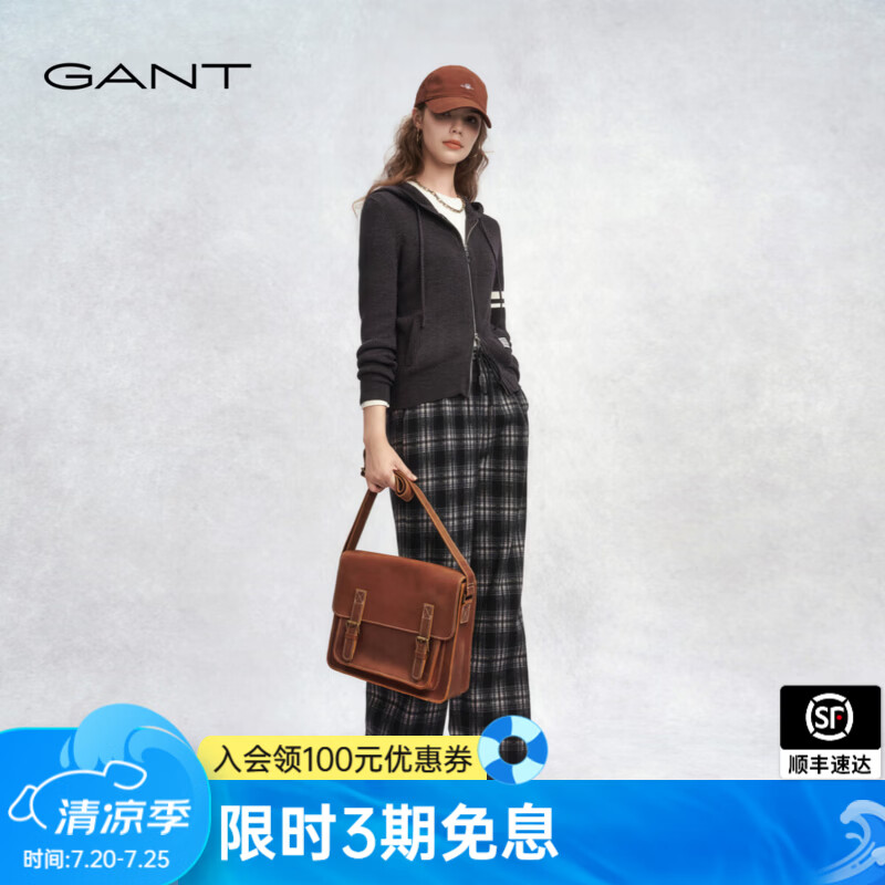 GANT/甘特2025秋冬新款女装复古格纹窄版阔腿裤加绒厚款休闲裤子 093-黑白灰 L