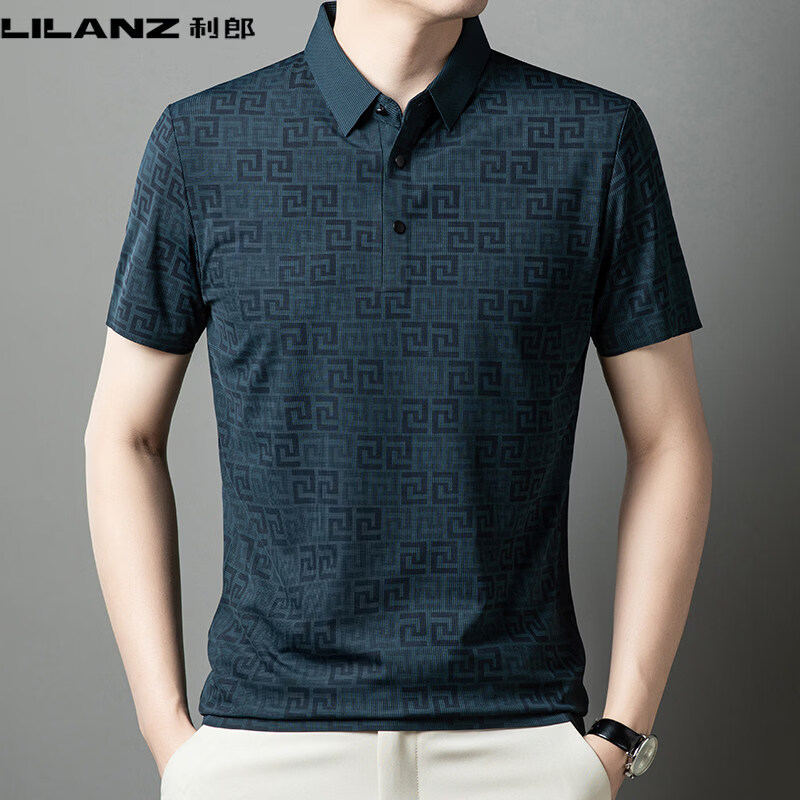 利郎(LILANZ)男士桑蚕丝休闲风印花常规款翻领短袖透气Polo衫 灰色 3XL 190/100A 建议185-205