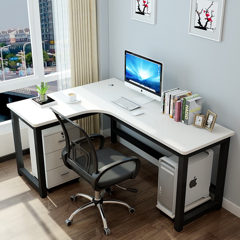 梵友（FANYOU）转角电脑桌拐角书桌简约L型办公桌 钢木结构 可定制 黑架+暖白色 正向 长180宽100高74CM不含柜子 椅子