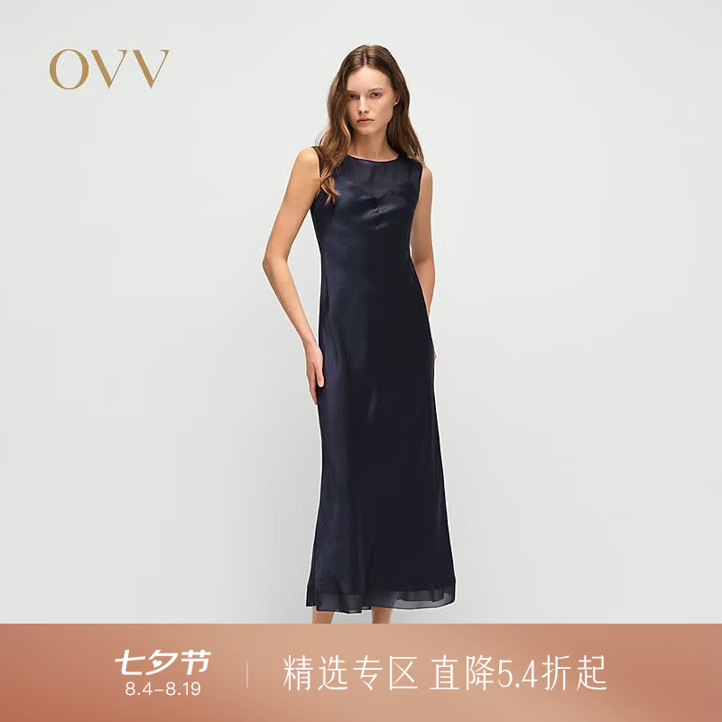 OVV2025春夏新款女装缎面醋酸圆领无袖吊带直筒连衣裙 藏青 M