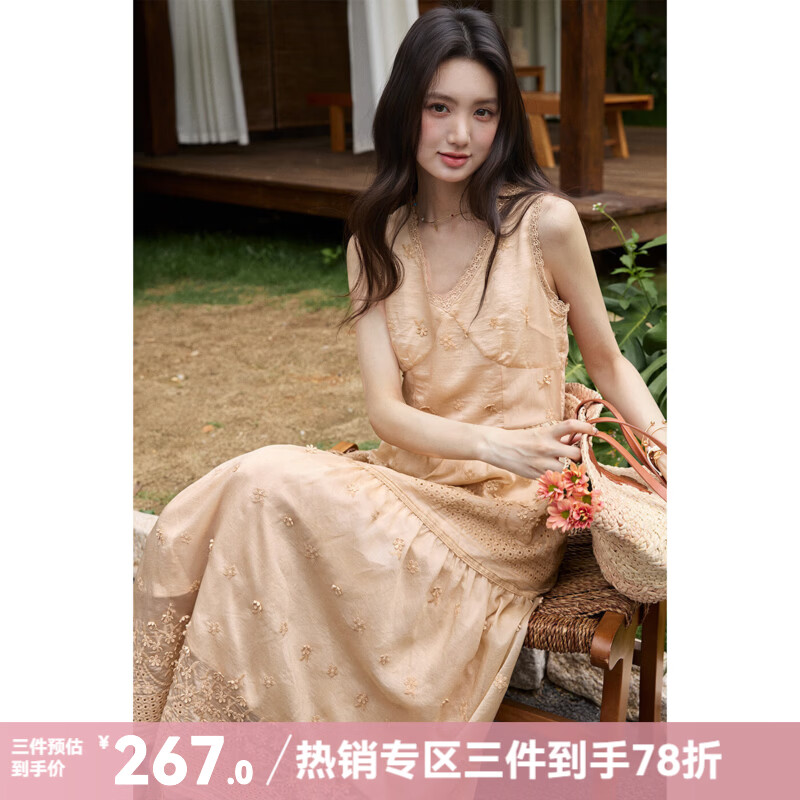 谜秀法式漂亮连衣裙女2026夏季镂空无袖收腰设计感裙子女 桔色 S
