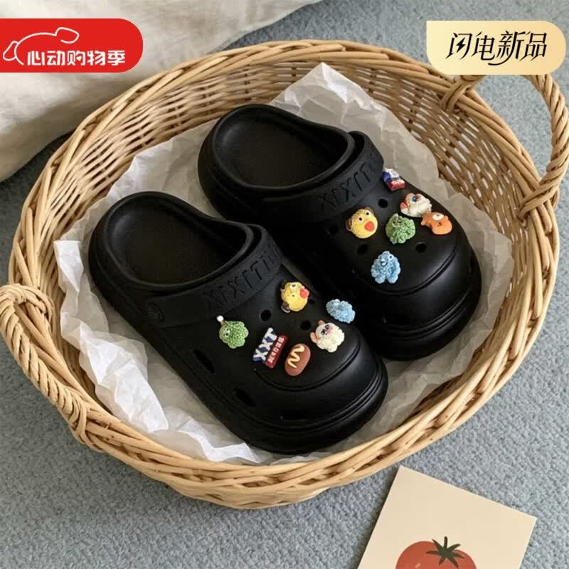 细细条（XIXITIAO）久穿不累微足弓沙滩凉拖防滑防臭小个子厚底立体小怪兽女夏洞洞鞋 黑棕色趣味小怪兽【舒适防滑】 36-37 【标准码】