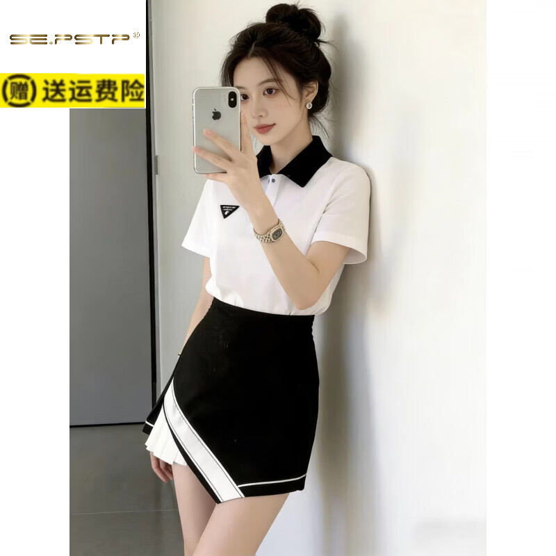 夏典素订女王(SE.PSTP)2026夏新款高端休闲运动套裙女时尚减龄polo领短袖上衣短裙两件套 白色上衣+短裙 L