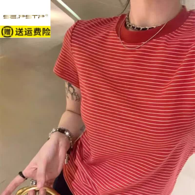 夏典素订女王(SE.PSTP)棉柔软条纹T恤女夏季新款修身显瘦短袖打底衫红条子上衣体恤ins潮 红色条舒适面料 XL 建议121-130斤