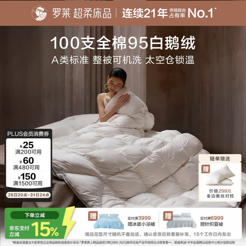 罗莱家纺 羽绒被子 A类95%水洗白鹅绒100支全棉立体防风工艺冬被芯