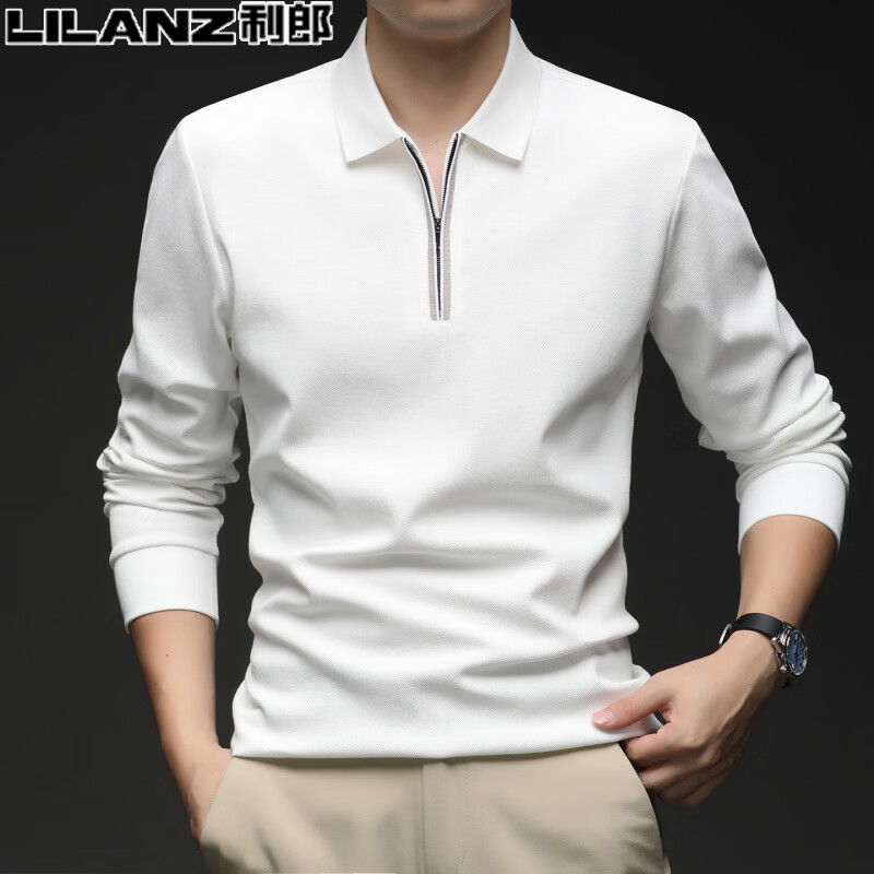 利郎(LILANZ)男装长袖T恤2026春秋新款中青年半拉炼丝光棉纯色翻领polo衫 藏青色 4XL 195