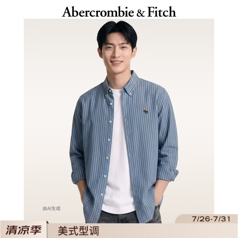 Abercrombie &amp; Fitch经典小麋鹿图案美式情侣府绸长袖衬衫26春夏男装女装125-6044 蓝色条纹 M (180/100A)