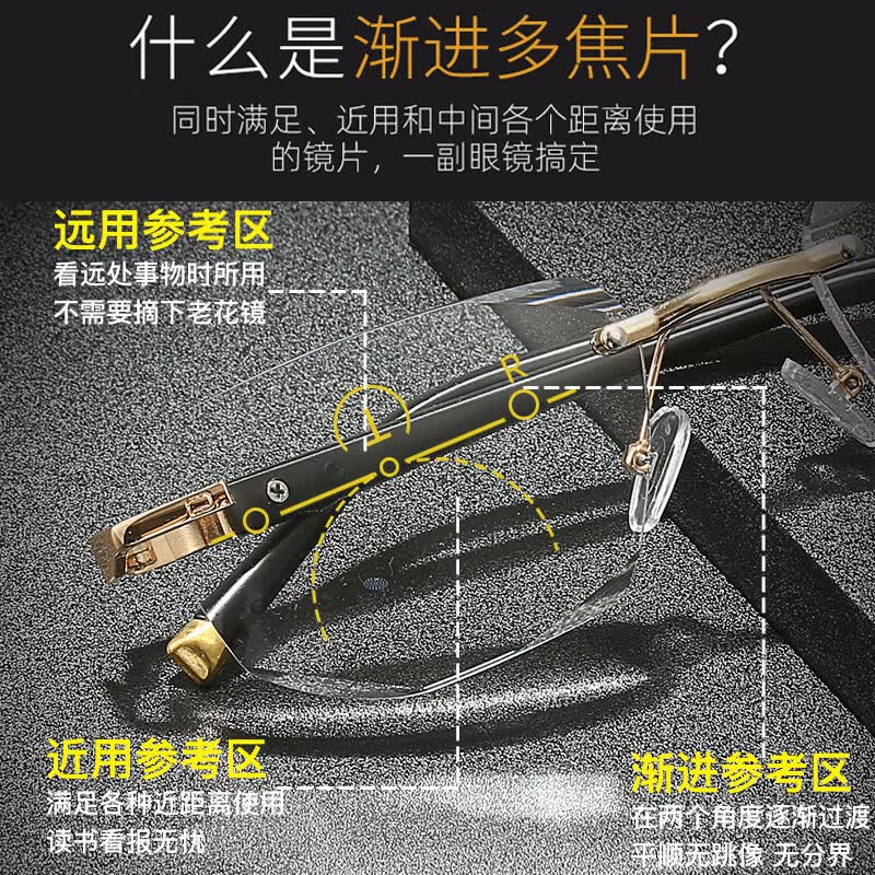 最美夕阳红老花镜日本品质无框切边老花眼镜变色多焦点远近两用智能变焦 金色框多焦点变色 100