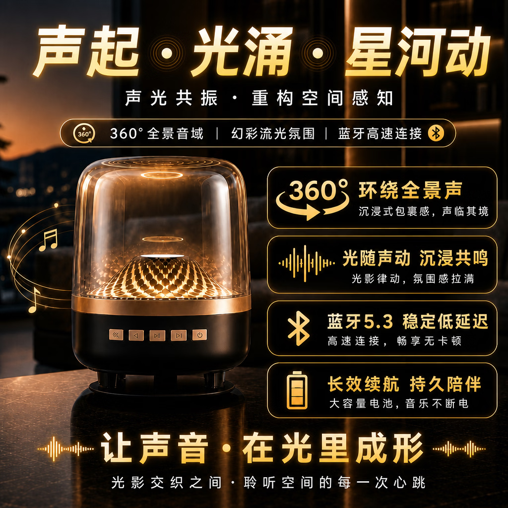 酷悦享琉璃升级无线蓝牙音箱 TWS互联立体声 柏林之声臻品环绕音 炫彩梦幻氛围灯 便携高颜值音响 白鎏金 大师级【臻品音质+实验室级声学优化+无级渐变流光】