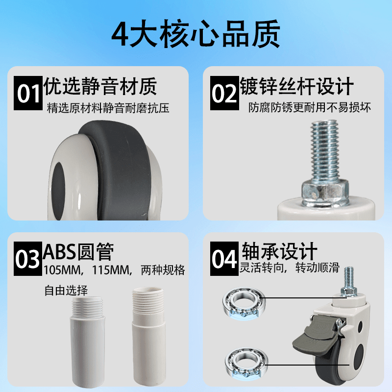 云南白药(YUNNANBAIYAO)3寸医用器械治疗车轮子 静音万向轮ABS圆管 药品推车万向轮 3寸TP 105MM圆管