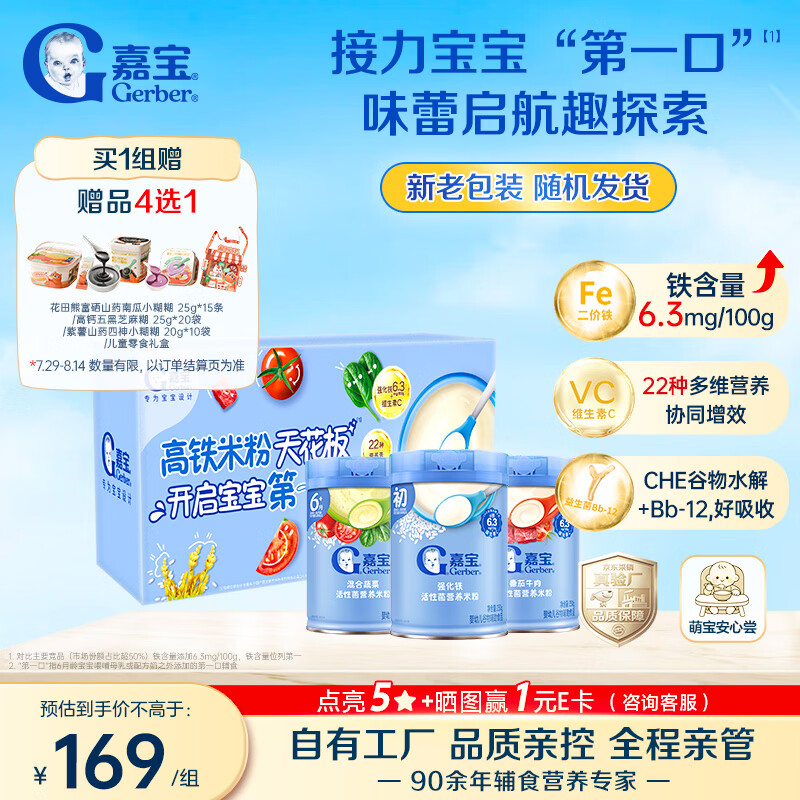 嘉宝（GERBER）原味+番茄牛肉+混合蔬菜味高铁米粉礼盒250g*3罐6月龄