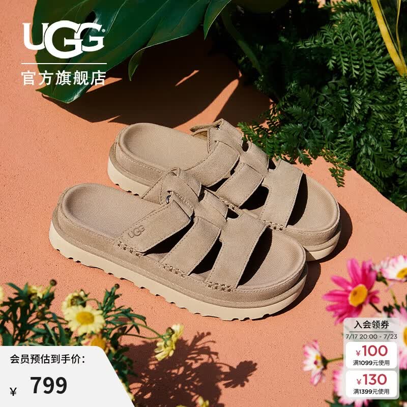 UGG夏季新款女士舒适时尚厚底露趾魔术贴休闲拖鞋1174090SAN|沙色 36