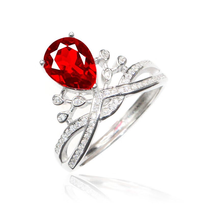 双盈喜angelababy同款婚戒女2克拉水滴形红宝石戒指为爱加冕皇冠925银
