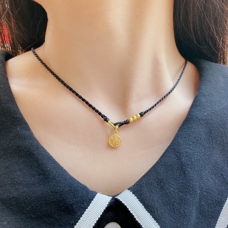 ckoc黄金小福牌吊坠女款999足金福字小金珠手工编织黑绳项链可调节送