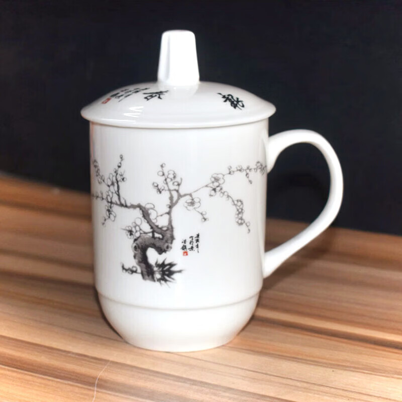 现货低骨瓷会议杯景德镇陶瓷带盖水杯办公杯商务茶杯家用茶楼用 1#报春 400ml