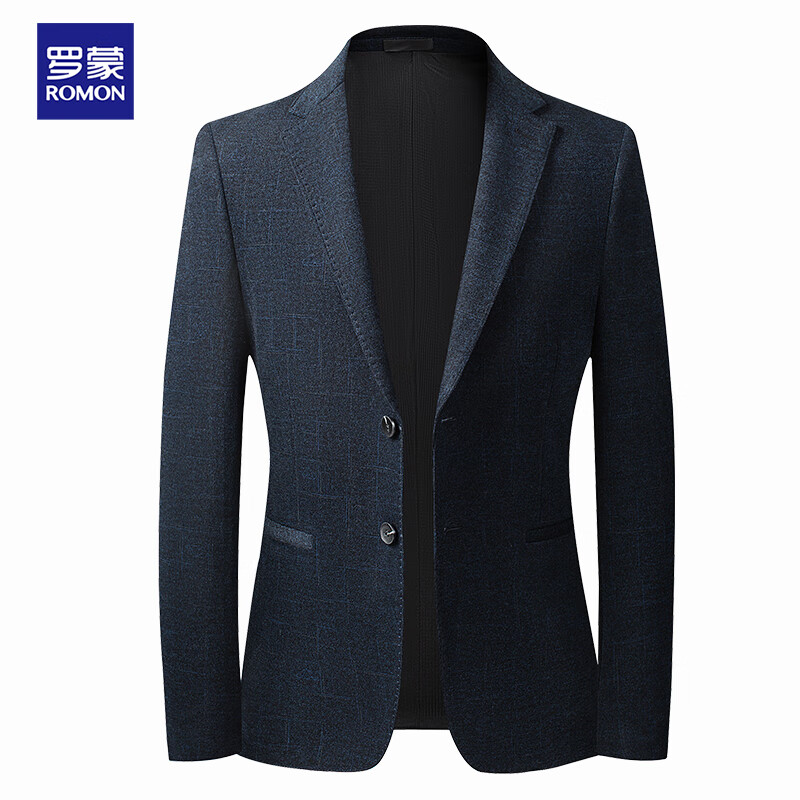 罗蒙 西服男修身秋冬款商务青年弹力小西服休闲男士单西外套夹克正装职业装上衣西装结婚礼服 蓝格 175/L