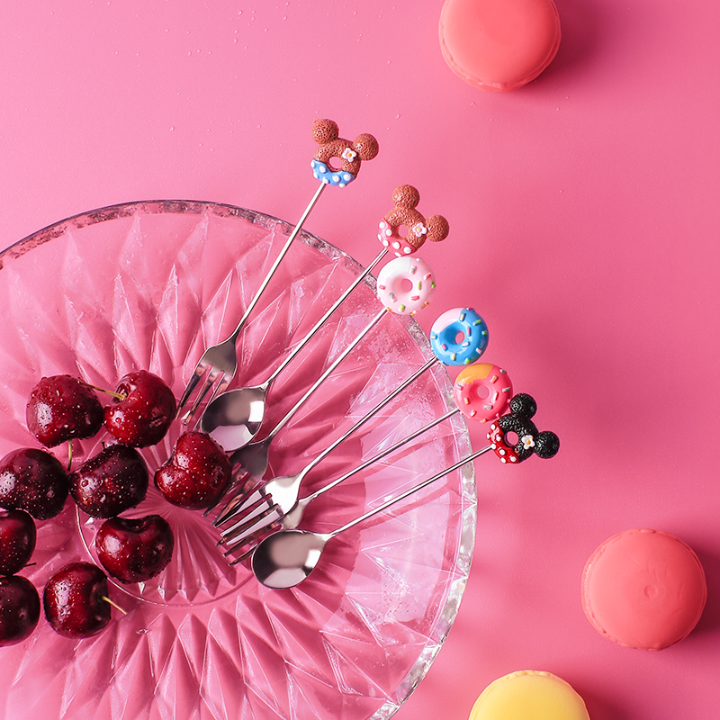 木上 卡通可爱不锈钢水果树脂柄创意儿童甜品叉 粉红甜甜圈叉