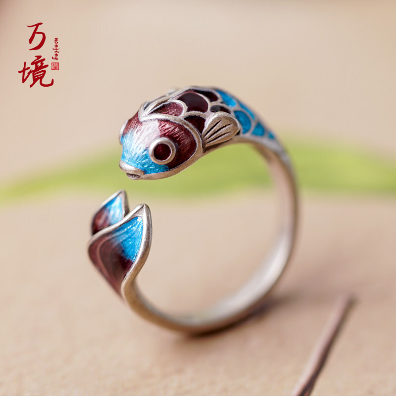 万境 锦鲤戒指女大小号指环小众开口可调节送客户s925食指复古女士520