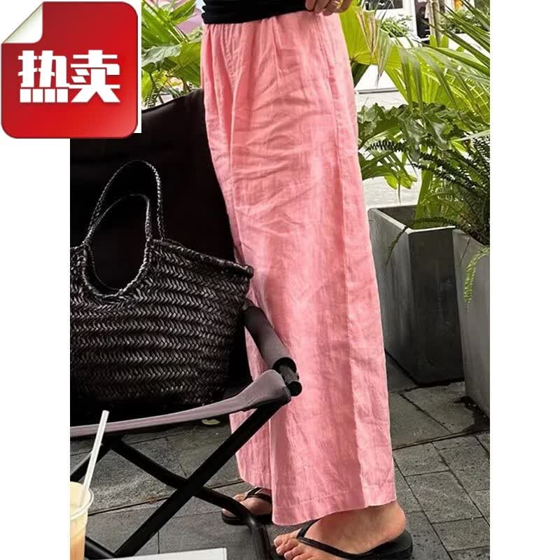 夏典素订女王(SE.PSTP)粉色裤子女春季薄款日系棉麻阔腿裤亚麻直筒裤宽松显瘦休闲九分裤 粉色 2XL (建议130斤-145斤)