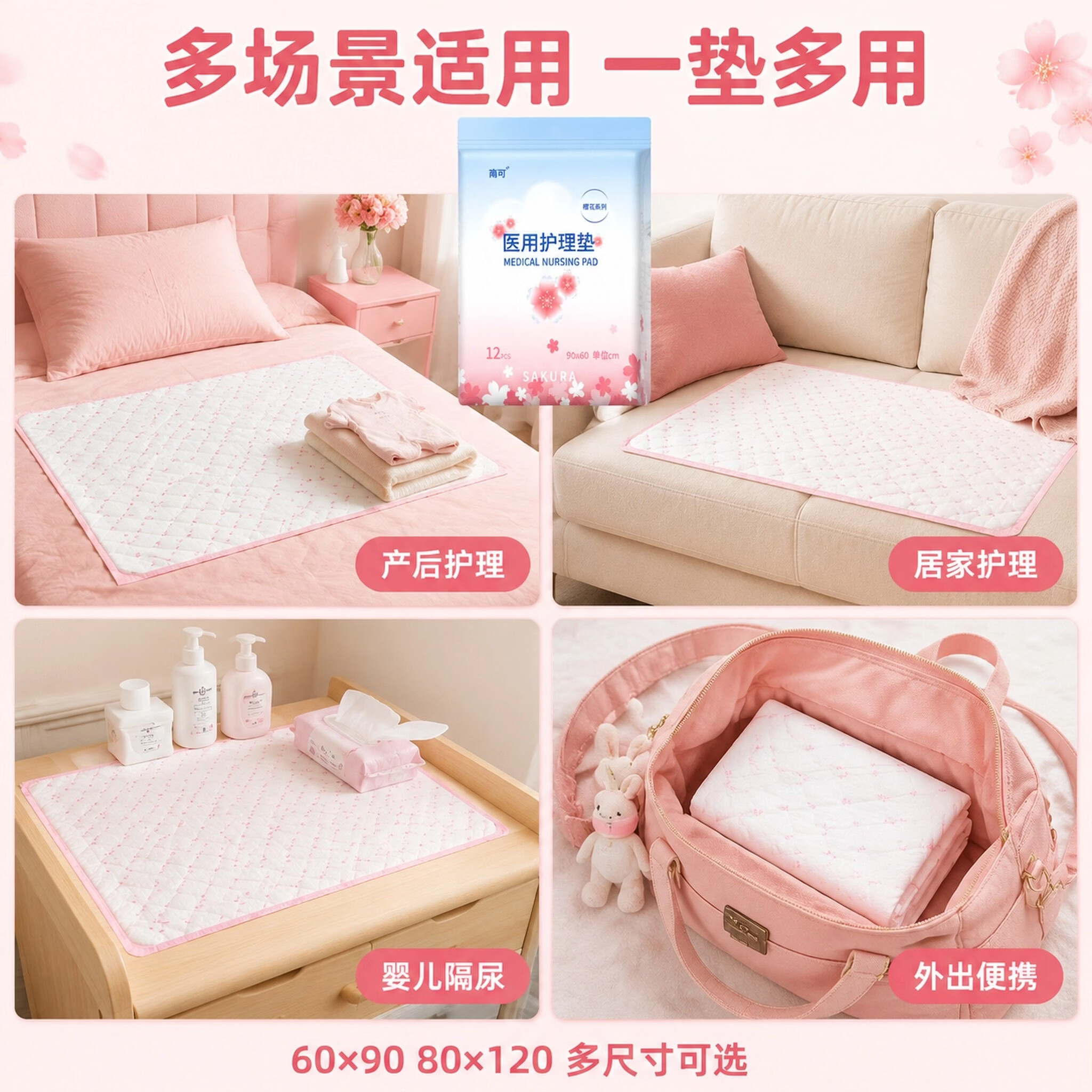 南可产褥垫产妇专用医用护理垫60x90一次性床单大号月经垫成人隔尿垫 加大加厚【80×120cm】5包50片