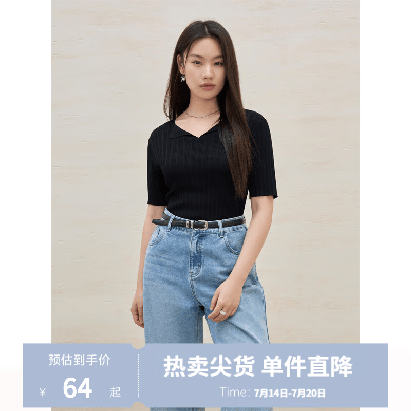 独束大码女装V翻领细坑条针织短袖2025夏新款针织简约微胖MM上衣 静谧黑 XL （尺码：3）