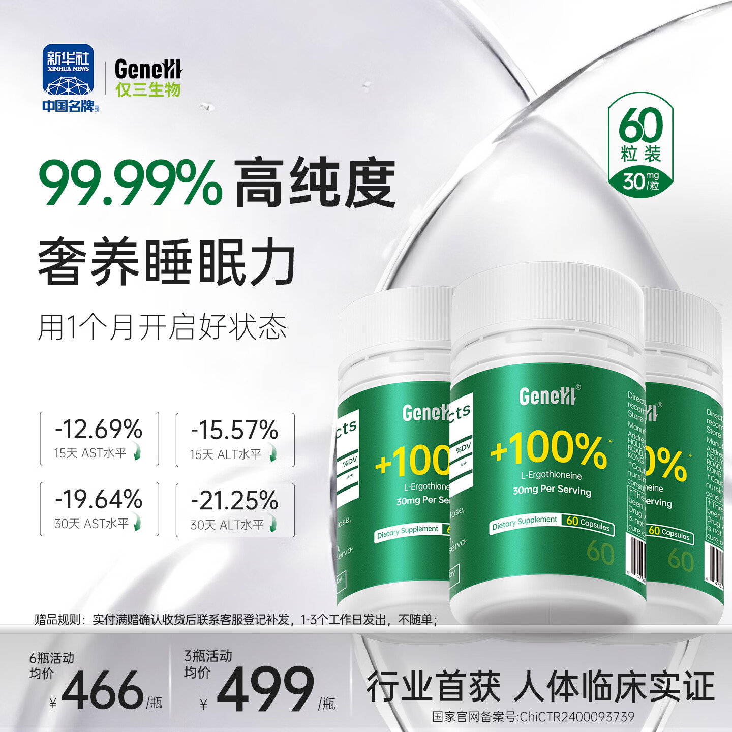 GENEIII仅三麦角硫因胶囊30mg/粒*60粒99.99%高纯度舒压助眠口服美容胶囊 【6瓶巩固装】长效养护 稳固睡眠质量 60粒*6盒 京东折扣/优惠券