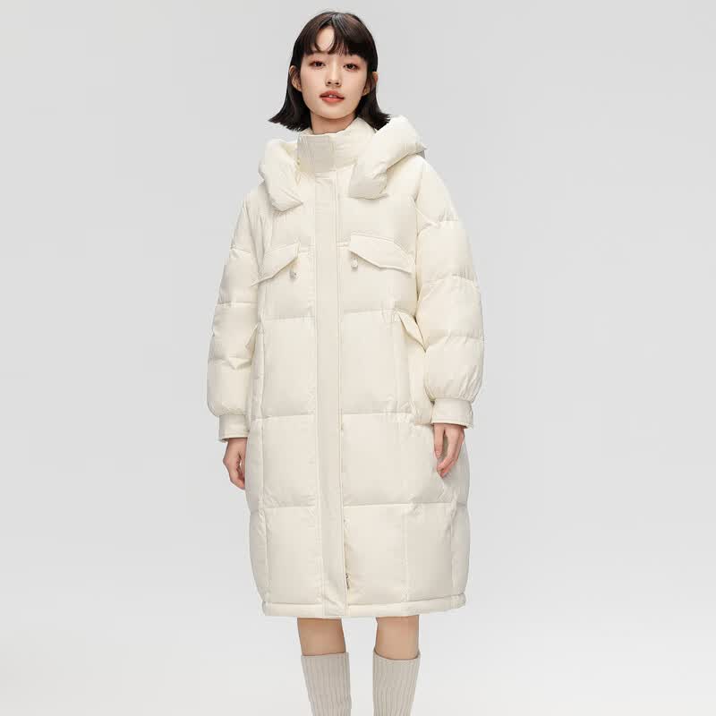 雪中飞中长款羽绒服女【清仓】百搭情侣羽绒服舒适连帽女士羽绒服鸭绒 米白|8011-9278F M 170/92A