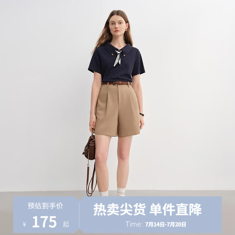 独束大码女装腰果花丝巾T恤POLO领短袖女2025新款宽松减龄显瘦T恤 藏青 M （尺码：1）
