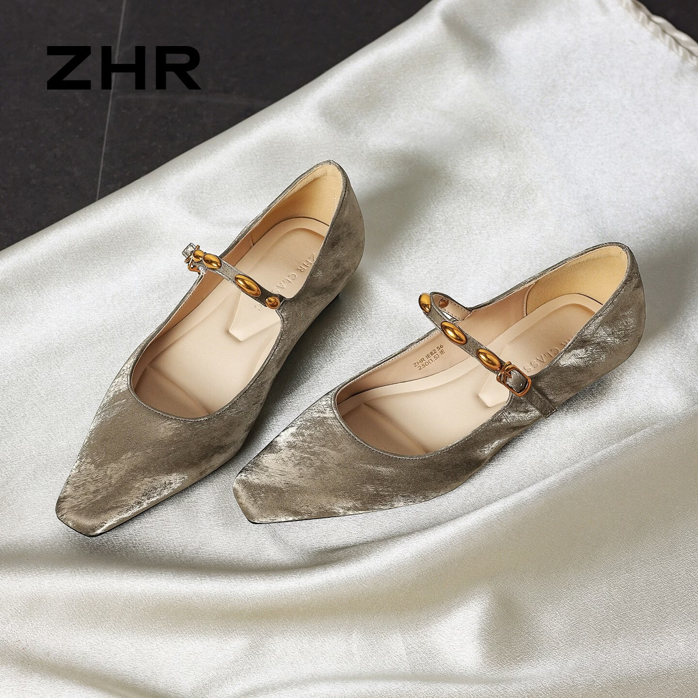 ZHR则则粗跟玛丽珍鞋女新款一字带浅口单鞋绸缎法式通勤女鞋 卡其灰 37