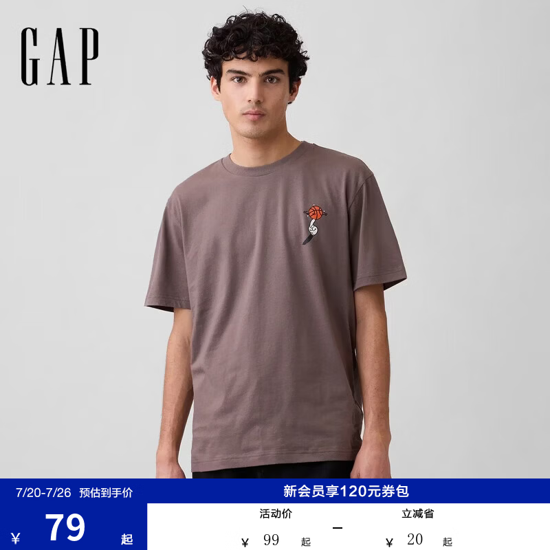 盖璞Gap男女装2026春季新款卡通图案圆领短袖T恤上衣美版 亚麻棕 889572 S 美码 M亚洲码175/92A 版型偏大建议拍小一码
